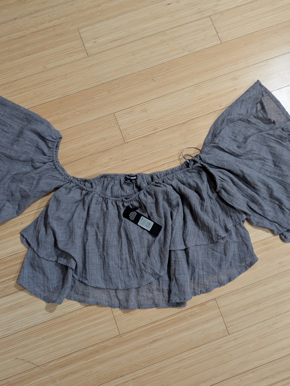 Fashion Nova Gray Off-Shoulder Ruffle Crop Top